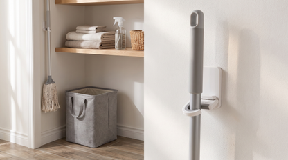 Self-Adhesive Wall-Mounted Broom & Mop Clip in a practical small-space lifestyle setting