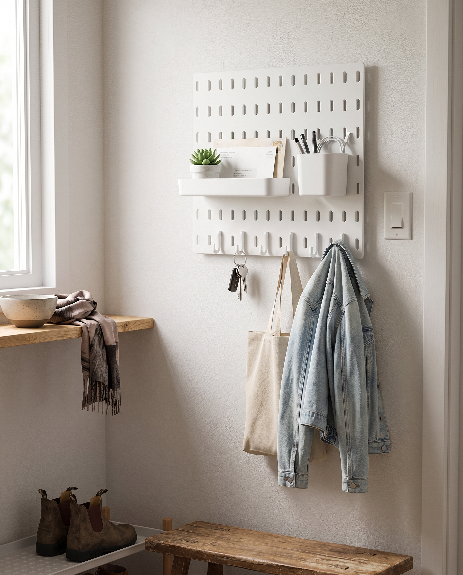 Wall-Mounted Pegboard Organizer with Hooks in a practical small-space lifestyle setting