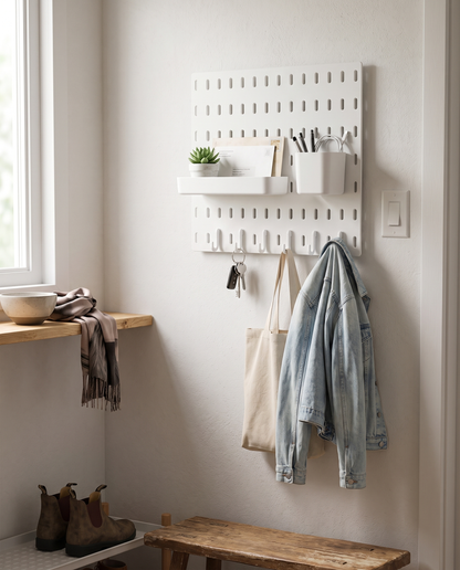 Wall-Mounted Pegboard Organizer with Hooks in a practical small-space lifestyle setting